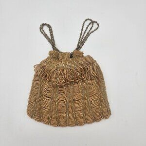 Antique Gold Beaded Flapper Style Evening Handbag Purse